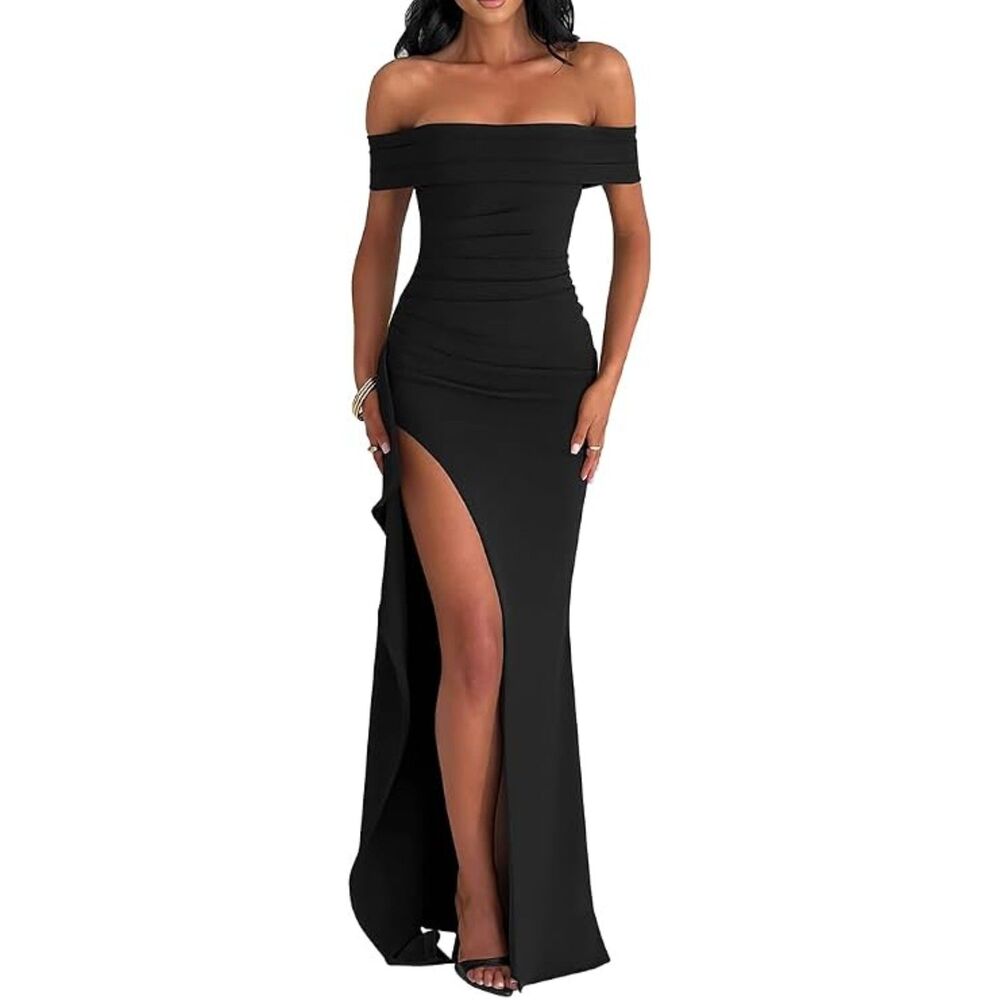 Prom Dress Elegant Black Off Shoulder Ruched Maxi Dress Wedding Guest Formal